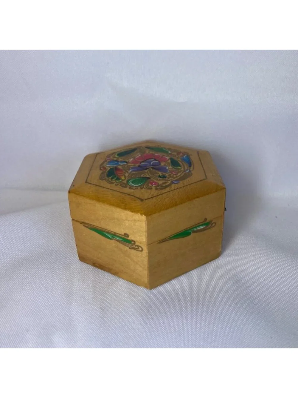 Vintage Polygon Shaped Wooden Trinket Box Painted Lacquer Floral Folk Art  1970s